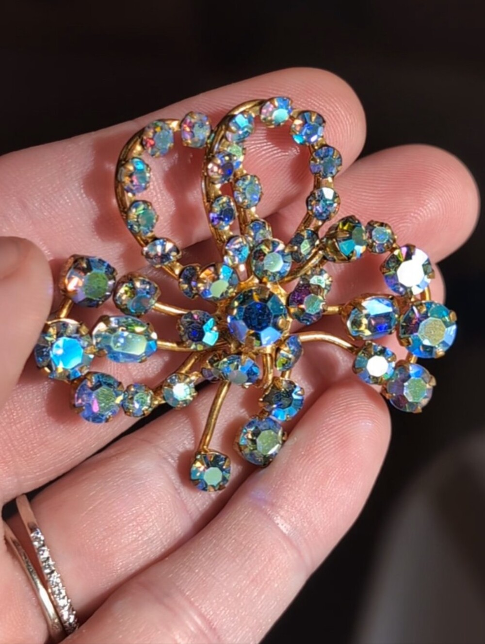 Vintage Mid Century Blue AB Rhinestone Floral Swoop Brooch